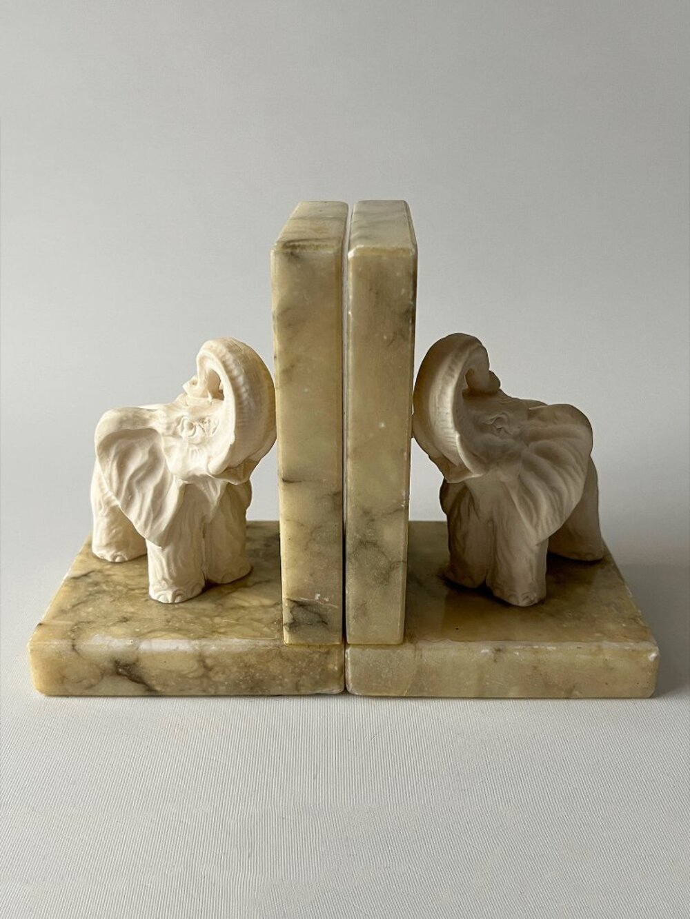Vintage Genuine Alabaster Elephant Bookends Pair Hand Carved Handmade Italy